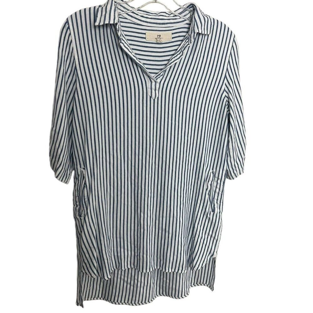 Thread & Supply Womens White Navy Striped Short Sleeve Blouse Top Size Medium